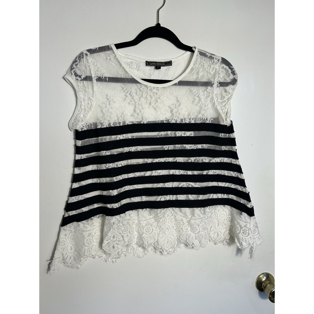 Love Stitch Sheer Floral Lace Striped Top Small Boho Scalloped Hem Sleeveless S